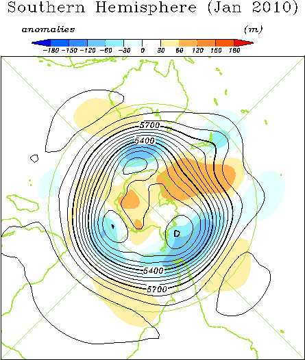 南半球月平均500hPa高度および平年偏差