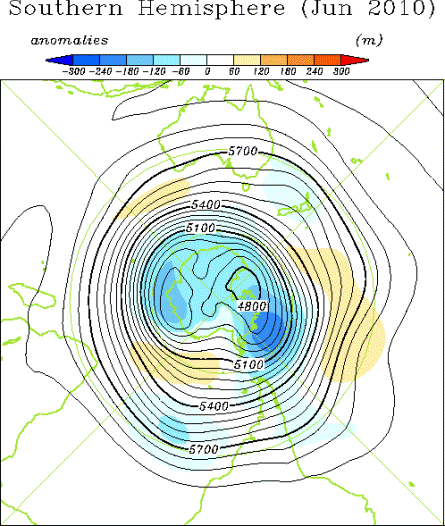 南半球月平均500hPa高度および平年偏差