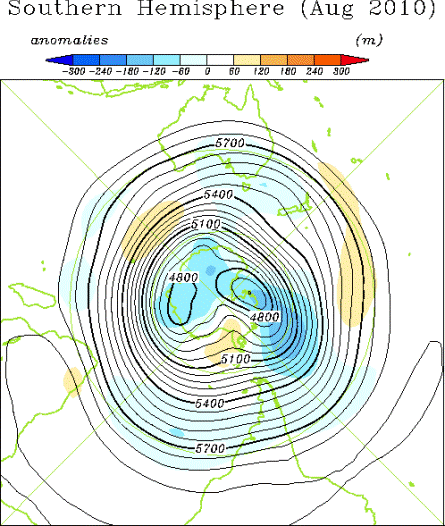 南半球月平均500hPa高度および平年偏差