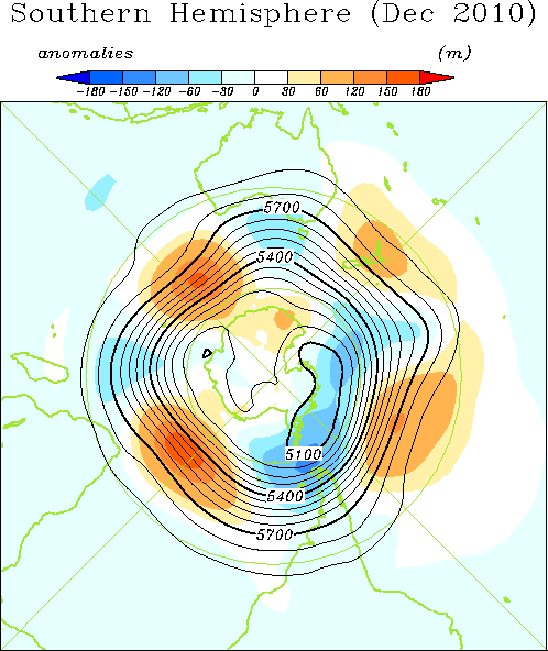 南半球月平均500hPa高度および平年偏差