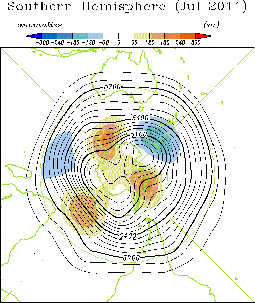 南半球月平均500hPa高度および平年偏差
