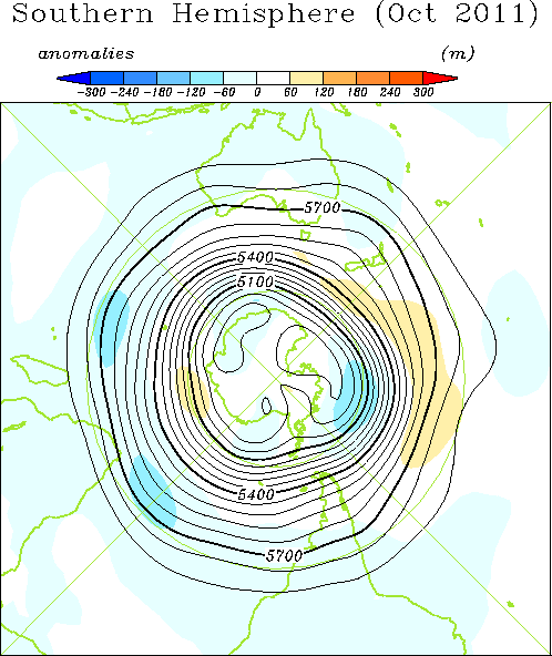 南半球月平均500hPa高度および平年偏差