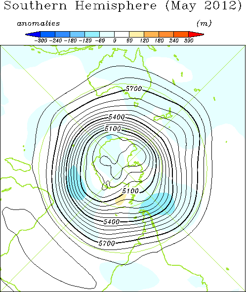南半球月平均500hPa高度および平年偏差