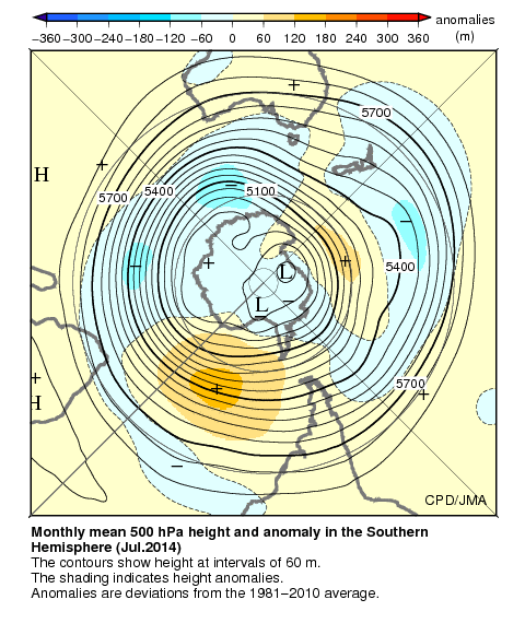 南半球月平均500hPa高度および平年偏差