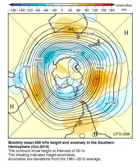 南半球月平均500hPa高度および平年偏差