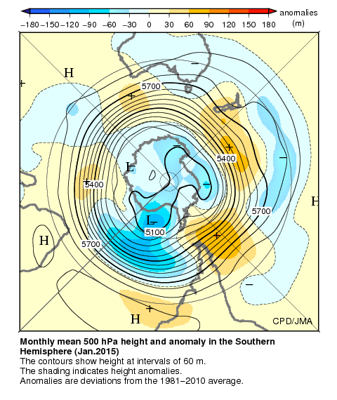 南半球月平均500hPa高度および平年偏差