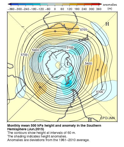南半球月平均500hPa高度および平年偏差