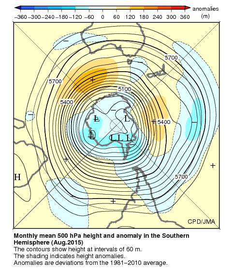 南半球月平均500hPa高度および平年偏差