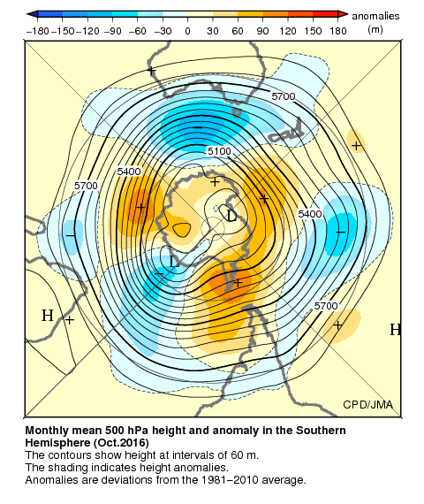 南半球月平均500hPa高度および平年偏差