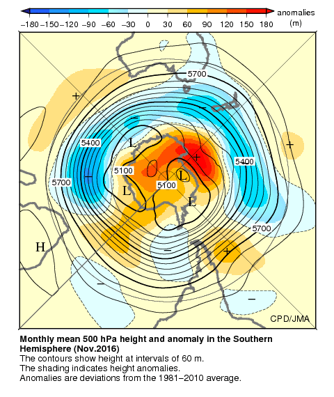 南半球月平均500hPa高度および平年偏差