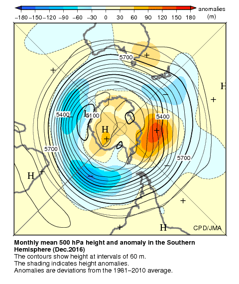南半球月平均500hPa高度および平年偏差