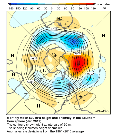 南半球月平均500hPa高度および平年偏差