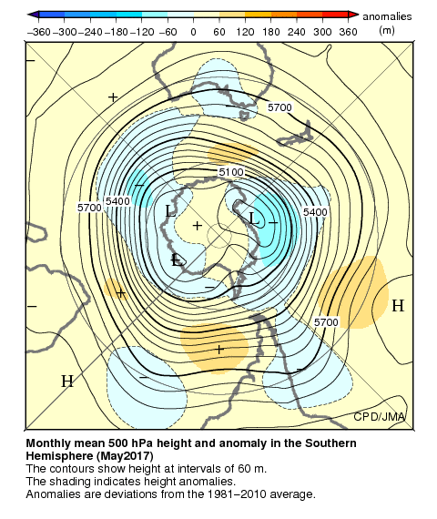 南半球月平均500hPa高度および平年偏差