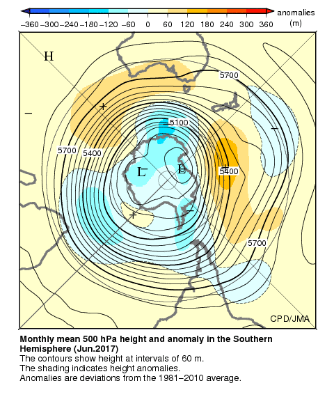 南半球月平均500hPa高度および平年偏差