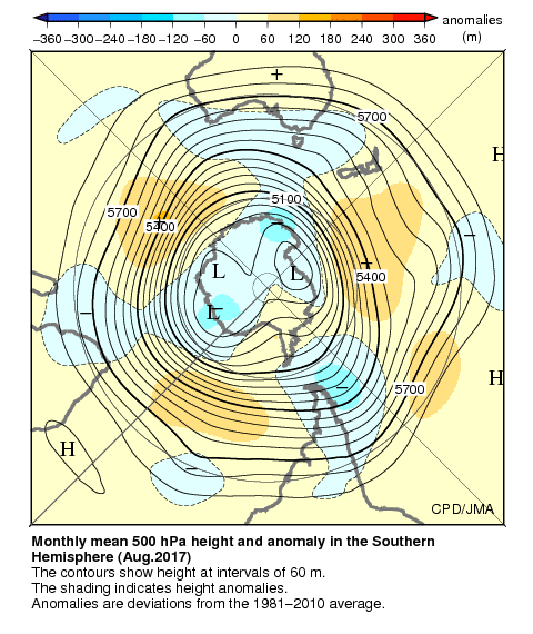 南半球月平均500hPa高度および平年偏差