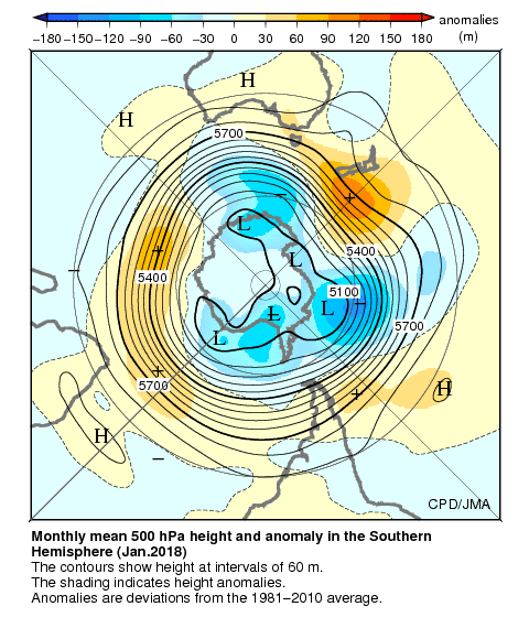 南半球月平均500hPa高度および平年偏差