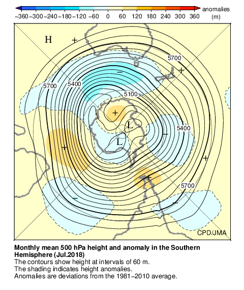 南半球月平均500hPa高度および平年偏差