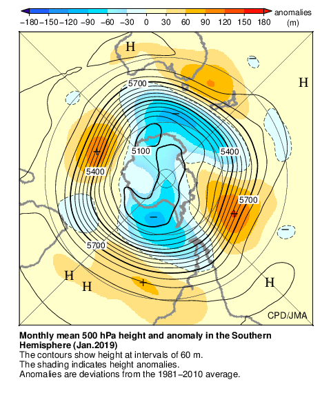 南半球月平均500hPa高度および平年偏差
