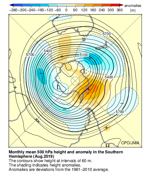 南半球月平均500hPa高度および平年偏差