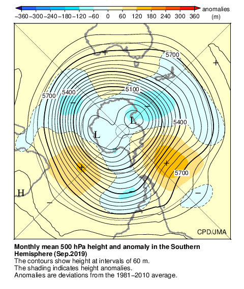 南半球月平均500hPa高度および平年偏差