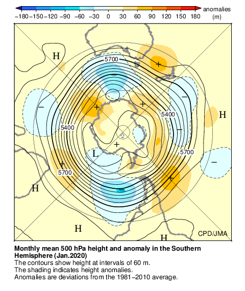 南半球月平均500hPa高度および平年偏差
