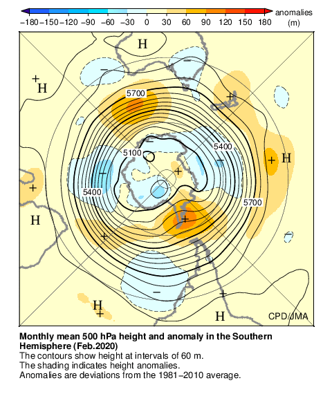 南半球月平均500hPa高度および平年偏差
