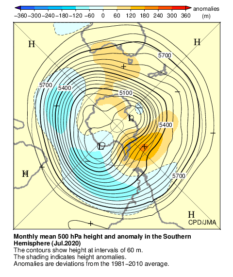 南半球月平均500hPa高度および平年偏差