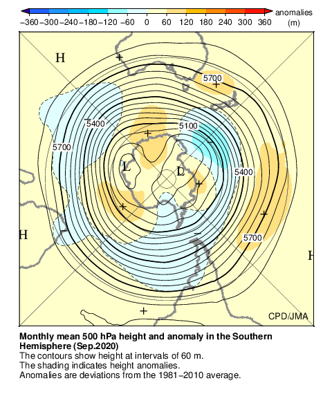 南半球月平均500hPa高度および平年偏差