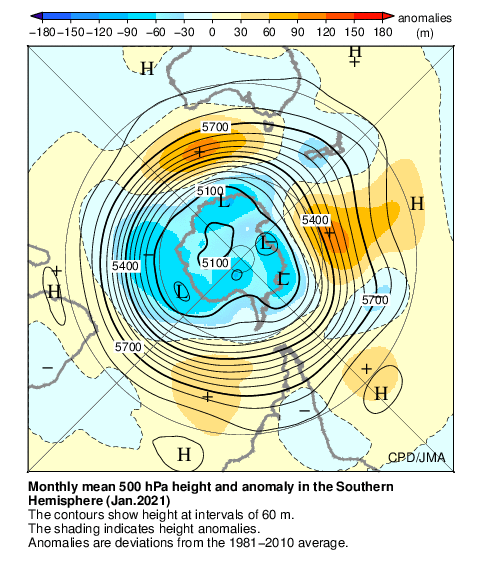 南半球月平均500hPa高度および平年偏差