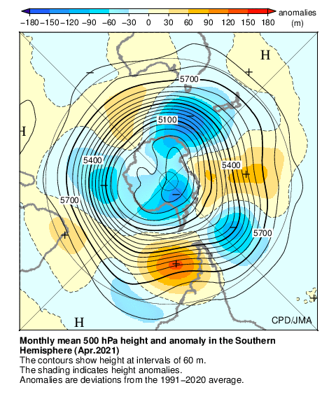 南半球月平均500hPa高度および平年偏差