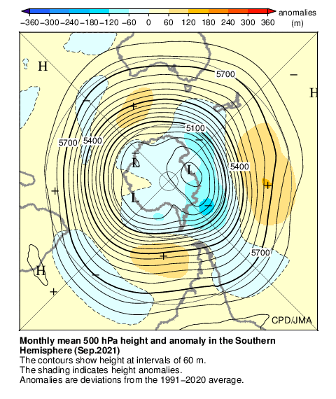 南半球月平均500hPa高度および平年偏差