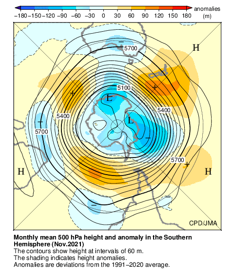 南半球月平均500hPa高度および平年偏差