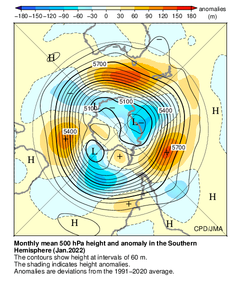 南半球月平均500hPa高度および平年偏差