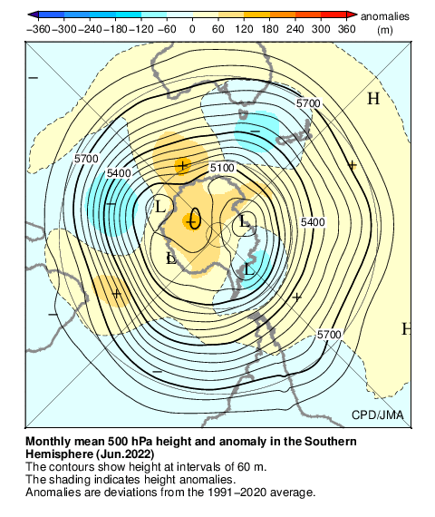 南半球月平均500hPa高度および平年偏差