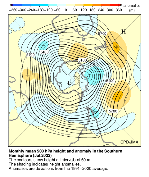 南半球月平均500hPa高度および平年偏差