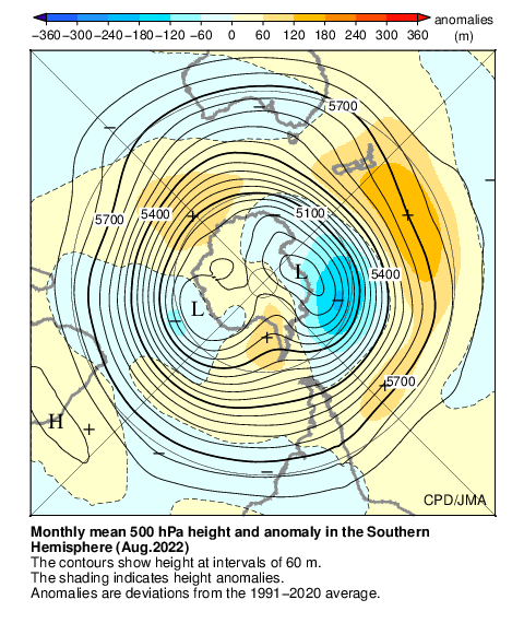 南半球月平均500hPa高度および平年偏差