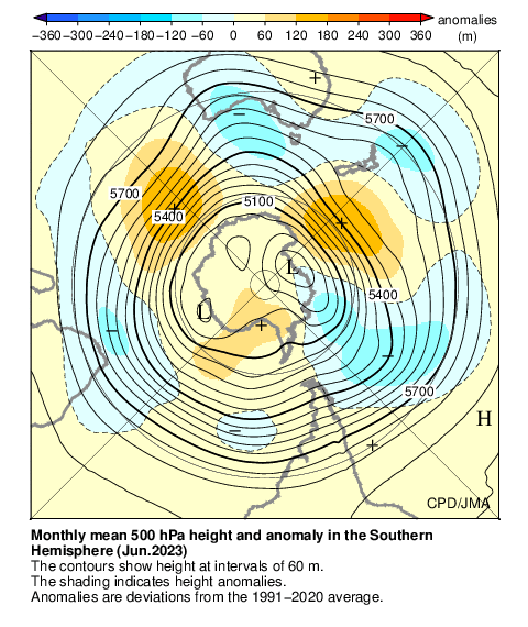 南半球月平均500hPa高度および平年偏差