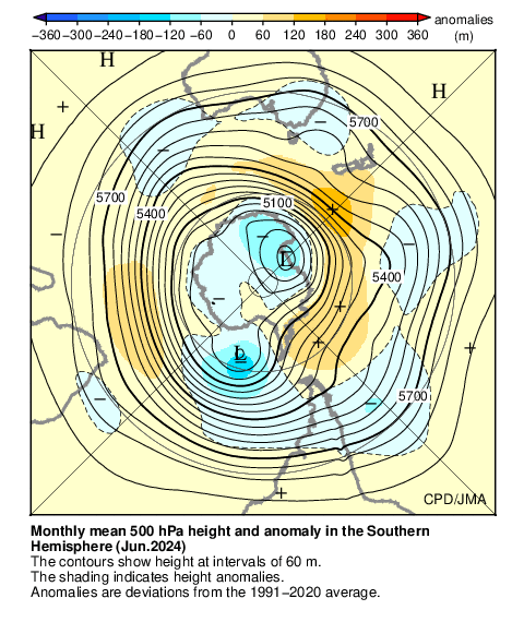 南半球月平均500hPa高度および平年偏差