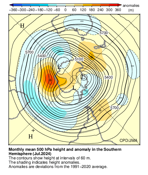 南半球月平均500hPa高度および平年偏差