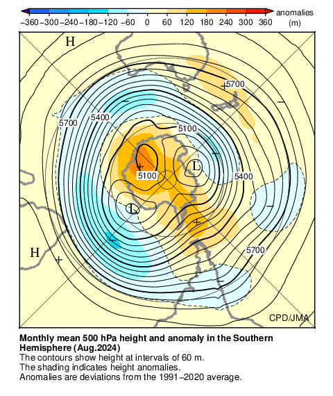 南半球月平均500hPa高度および平年偏差