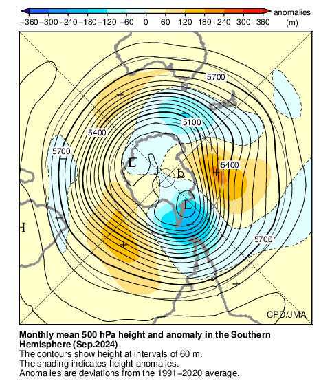 南半球月平均500hPa高度および平年偏差
