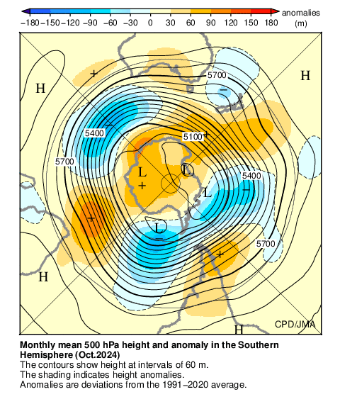 南半球月平均500hPa高度および平年偏差
