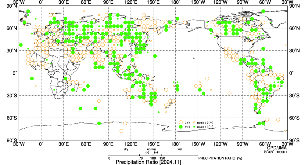 月降水量平年比階級分布図の図