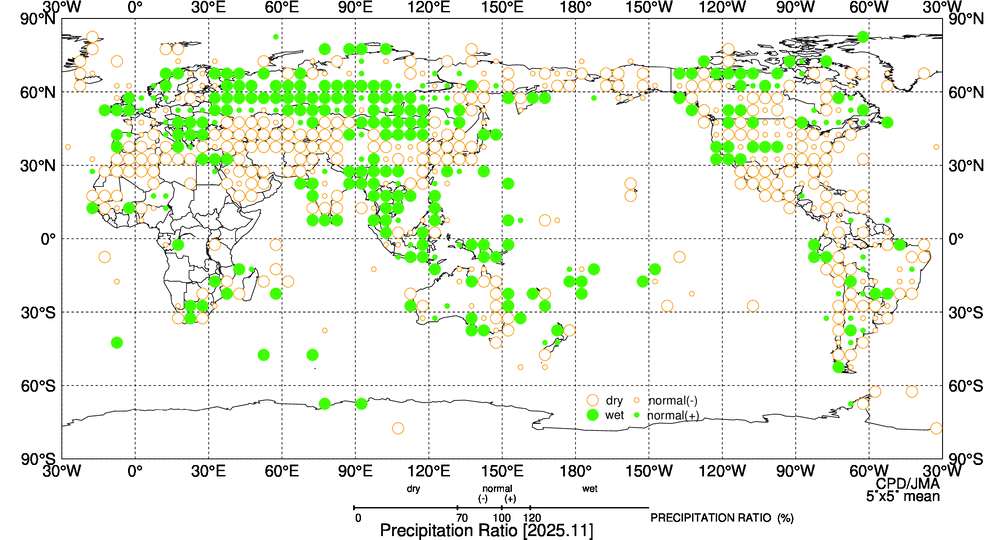 月降水量平年比階級分布図の図