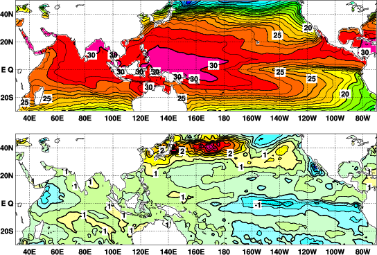 太平洋からインド洋の海面水温と平年偏差を示した地図