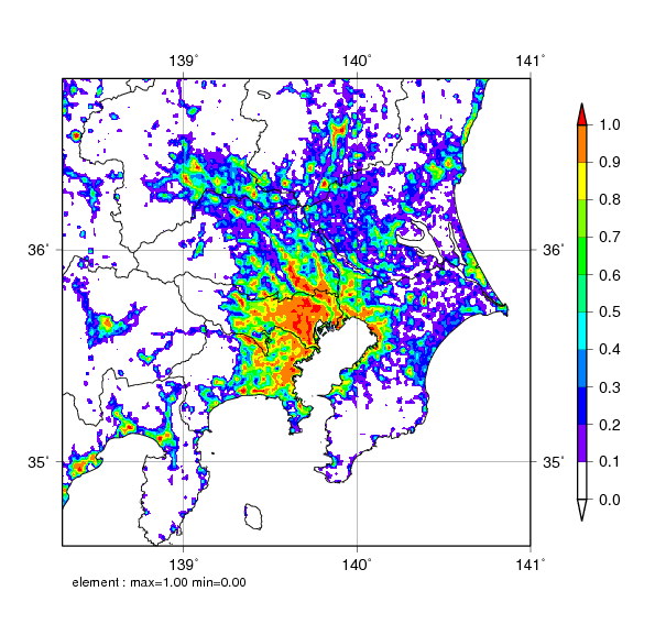 関東地方における都市気候モデルでの各格子の都市の割合