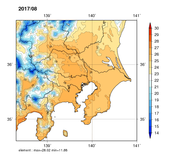  関東地方における2017年8月の平均気温の都市なし実験結果