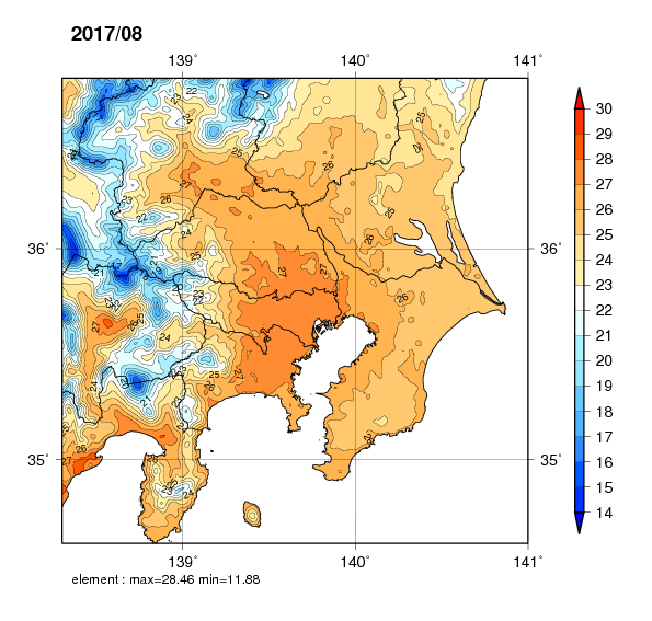  関東地方における2017年8月の平均気温の都市あり実験結果