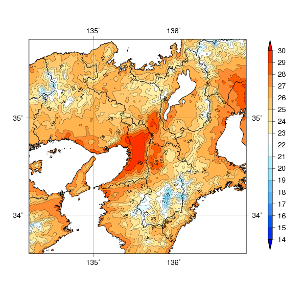 近畿地方における9年間（2009～2017年）平均した8月の平均気温