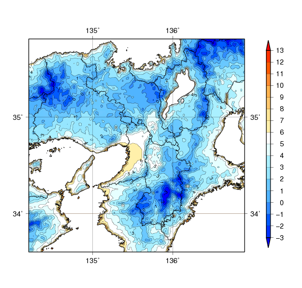 近畿地方における9年間（2010～2018年）平均した1月の平均気温